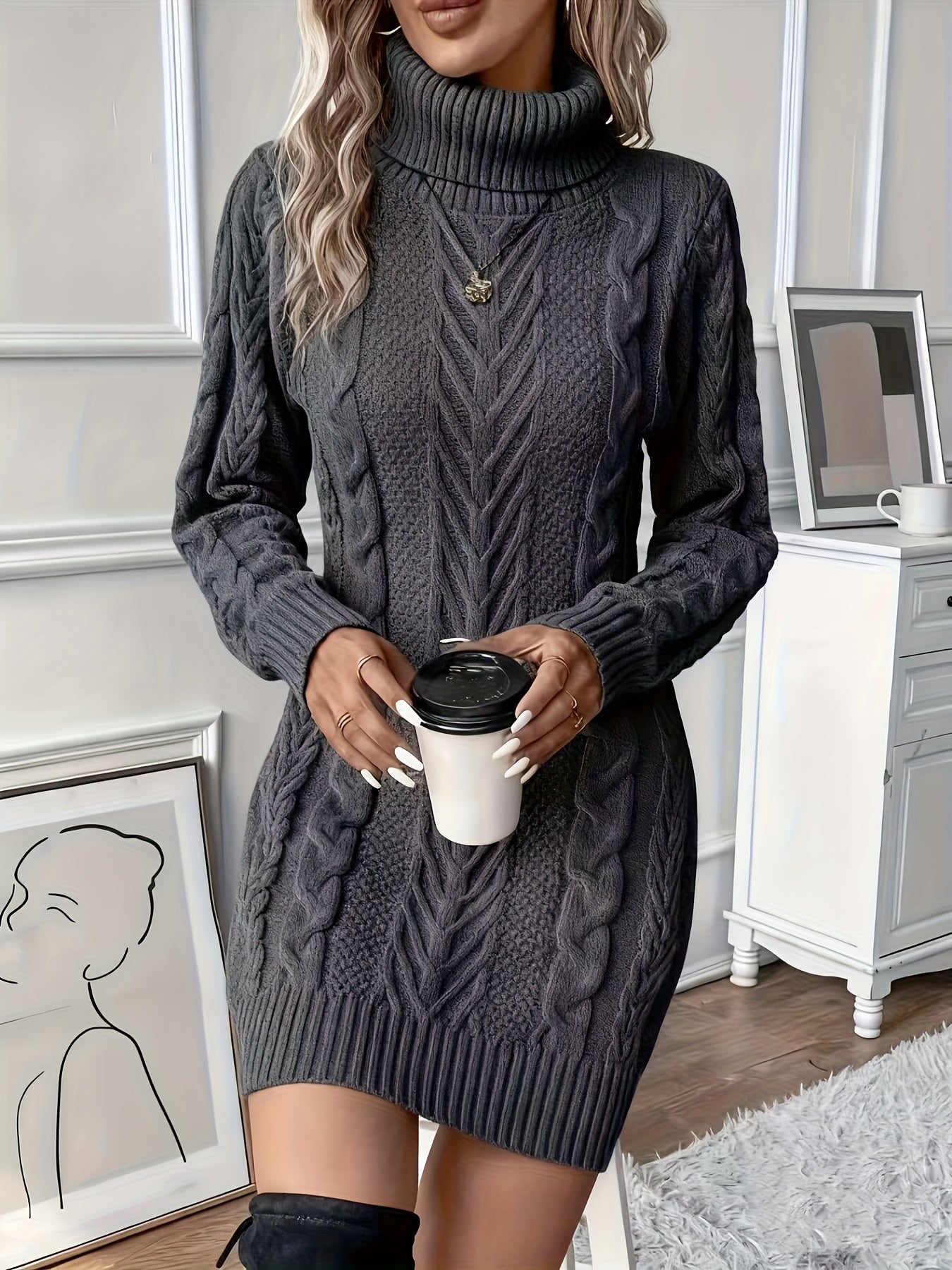 Women’s Stylish Cable Knit Jumper Dress | Midi
