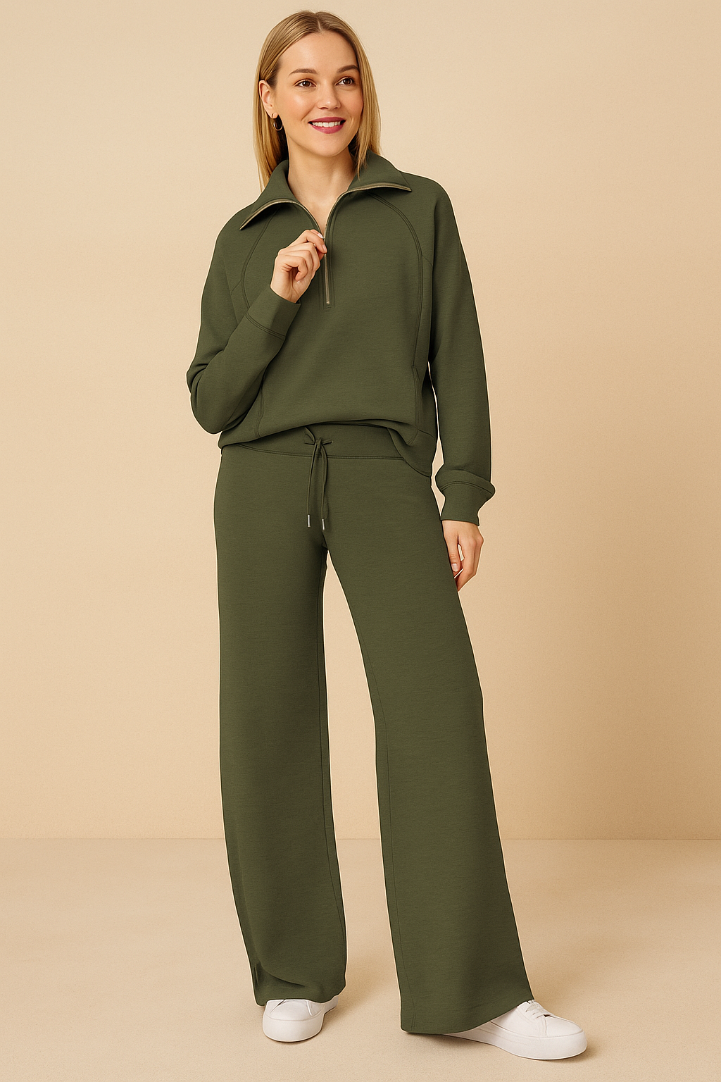 Women's Stylish Two-Piece Tracksuit Set | Half-Zip & Wide-Leg Pants