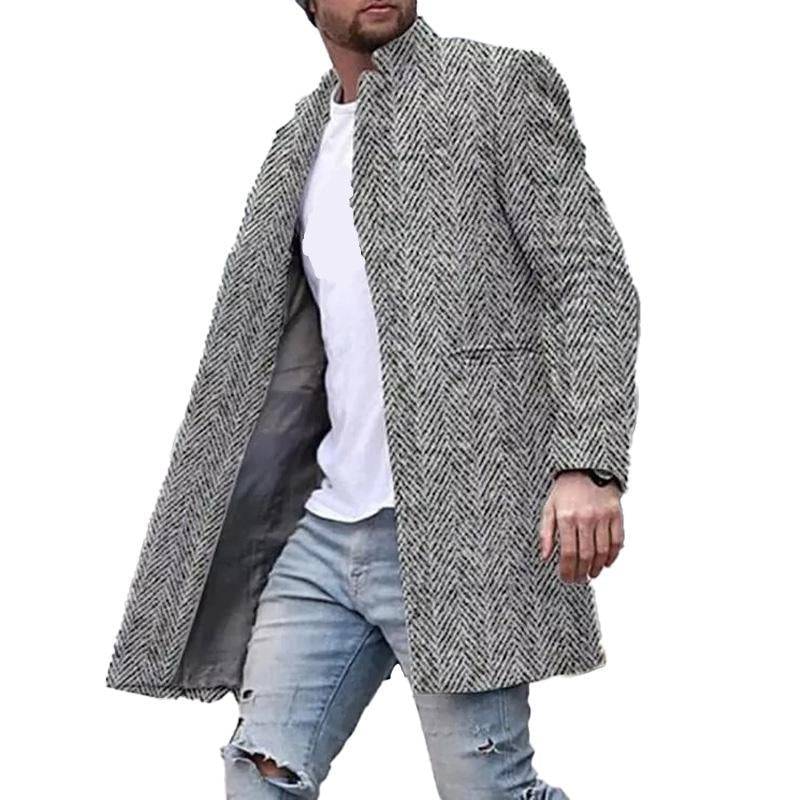 Men’s Stylish Herringbone Trench Coat | Stand-Up Collar