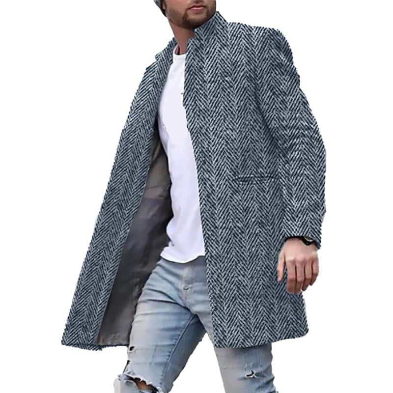 Men’s Stylish Herringbone Trench Coat | Stand-Up Collar